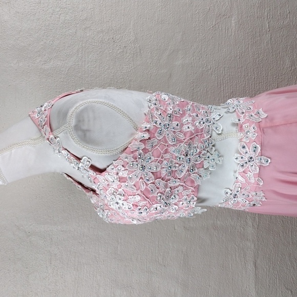 Rachel Allan Pink Crystal Embellished Two Piece Cropped Halter Maxi Skirt Set - Picture 6 of 16